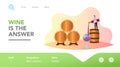 Wine Making Landing Page Template. Tiny Male Character Stand on Huge Barrel Pouring Wine in Glass. Tasting Wine at Vault