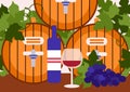 Wine making poster with wooden barrels, grape, bottle and wineglass.