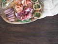 Wine meat appetizer set: prosciutto, serrano and cured lamb meat Royalty Free Stock Photo