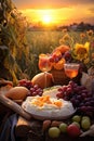 wine, milk, bread, meat, cheese, nuts. Green wheat field at sunset. bonanza fest. feast. grapes. Flowers. sunflower. Royalty Free Stock Photo