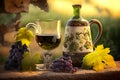 Wine mugs and bottles sit amid a vineyard\'s natural beauty, with luscious grapes growing in abundance.