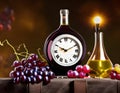 Wine o'clock, Concept of wine tasting in the wine cellar: wineglass and a bottle with ripe grapes, next to a retro Royalty Free Stock Photo