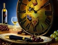 Wine o'clock, Concept of wine tasting in the wine cellar: wineglass and a bottle with ripe grapes, next to a retro Royalty Free Stock Photo