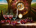 Wine o'clock, Concept of wine tasting in the wine cellar: wineglass and a bottle with ripe grapes, next to a retro Royalty Free Stock Photo