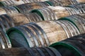 Wine oak barrels lying Royalty Free Stock Photo