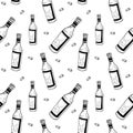 Wine pattern. Hand drawn sketch doodle black wine bottles and corks on white background. Seamless vector background Royalty Free Stock Photo