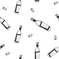 Wine pattern. Hand drawn sketch doodle black wine bottles and corks on white background. Seamless vector background Royalty Free Stock Photo