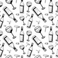 Wine pattern. Hand drawn sketch doodle black wine bottles, glasses and corkscrews on white background. Seamless vector