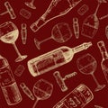 Wine pattern, sketches, hand drawn seamless pattern. bottle, glass, corkscrew