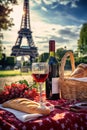 Wine picnic with the Eiffel Tower in the background. Selective focus.