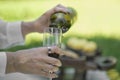 Wine pouring from bottle, outdoor picnic. concept of female alcoholism. Royalty Free Stock Photo