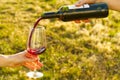 Wine pouring from bottle, outdoor picnic. Pouring red wine into a glass in the garden. Garden Party Royalty Free Stock Photo