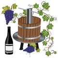 Wine press with bottle and grapes