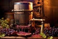 wine press with freshly crushed grapes, juice flowing