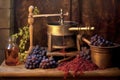 wine press with freshly crushed grapes, juice flowing