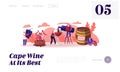 Wine Producing and Drinking Website Landing Page. Man with Bottle Pouring Alcohol Drink to Glass Characters Grow Grapes