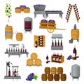 Wine Production with Barrel, Bottle Pouring and Grape Harvest Big Vector Set Royalty Free Stock Photo