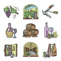 Wine production cellar winery viticulture winey product alcohol farm grape vintage hand drawn vector illustration.