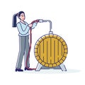 Wine Production Concept. Smiling Woman Technologist Works On Wine Plant. Character Controls Process Of Fermenting