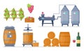 Wine production process in winery factory manufacture vector illustration set. Cartoon processing line with growing