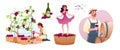 Wine production in traditional winery. Cartoon man woman characters produce natural vine, grow organic grapes, producing