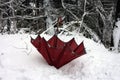 Wine red umbrella broken and abandoned in the cold in the soft winter snow in the mountains