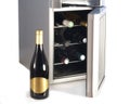 Wine refrigerator and bottle of red wine. Royalty Free Stock Photo