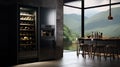 Wine refrigerator in the interior of a black kitchen Royalty Free Stock Photo