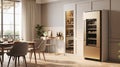 Wine refrigerator in the interior of a black kitchen Royalty Free Stock Photo