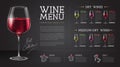 Wine restaurant menu design with realistic wine glasses and bottles. Chalk background Royalty Free Stock Photo