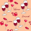 Wine Retro style Background. Fashion Seamless pattern couple glass wine, candy and hearts for textile. fashion Modern Royalty Free Stock Photo
