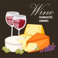 Wine romantic dinner. Best quality special cheeses realistic composition with edam parmesan and gouda, brie. Natural