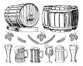 Wine or rum, beer classical wooden barrels for rural landscape. Barley and wheat, malt and hops. engraved in ink hand