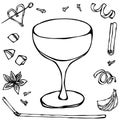 wine Saucer Cocktail Glass. Hand Drawn Vector illustration.