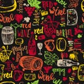 Wine seamless Hand drawn seamless pattern. Vector illustration. Wine signs - bottle, glass, grape, grape leaf, cheese