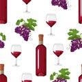 Wine seamless pattern. Red wine in  bottle, glass and bunches of dark grapes with green leaves isolated on white Royalty Free Stock Photo