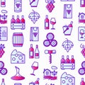 Wine seamless pattern with thin line icons: corkscrew, wine glass, cork, grapes, barrel, list, decanter, cheese, vineyard, bucket Royalty Free Stock Photo