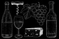 Wine set. Botlle of wine, glass, grapes, cheese, corkscrew. Hand drawn sketch. Vintage style.
