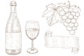 Wine set. Botlle of wine, glass, grapes. Hand drawn sketch