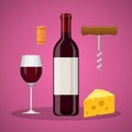 Wine set: bottle of wine, glass of wine, cheese, cork and corkscrew. Colored flat design icons. Royalty Free Stock Photo