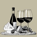 Wine set hand drawn. A bottle of wine, a glass, a corkscrew and a bunch of grapes Royalty Free Stock Photo