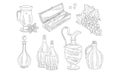 Wine Set, Hand Drawn Wine Objects, Various Bottles, Wineglass, Grapes Vector Illustration