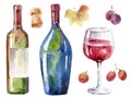 Hand-drawn wine set. Watercolor illustration Royalty Free Stock Photo