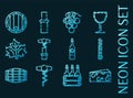 Wine set icons. Blue glowing neon style Royalty Free Stock Photo