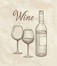 Wine set. Wine glass, bottle, lettering. Vineyard retro background