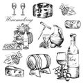 Wine set. Winemaking products in sketch style. Alcoholic drink. Vector wallpaper background with hand drawn wine bottle Royalty Free Stock Photo