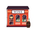 Wine shop flat vector illustration. Alcohol drinks store building facade with signboard isolated on white background