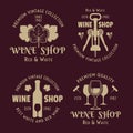 Wine shop and winery set of four vector colored emblems, labels, badges or logos in vintage style on red background