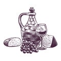 Wine sketch. Hand drawn winemaking composition, classical alcoholic drink. Bottle and glass with grape beverage, bread