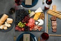 Wine and snacks served for dinner on table in restaurant Royalty Free Stock Photo